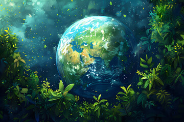 Obraz na płótnie Canvas Illustration of a thriving planet earth with abundant greenery and foliage, depicting a sustainable and eco-friendly environment.
