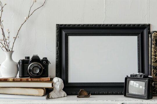 a picture frame is sitting on a shelf next to a camera and books