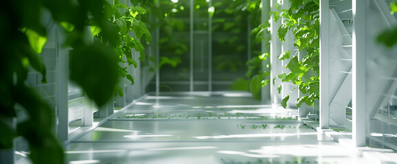 Indoor greenhouse plantation background with vertical hydroponic vegetable plants growing in farm - obrazy, fototapety, plakaty