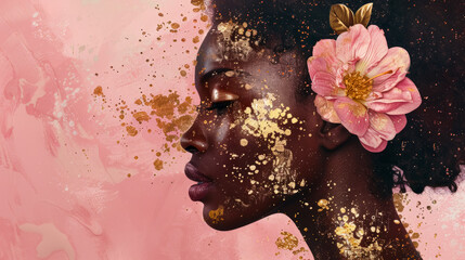 A Profile Portrait: Black Woman Adorned with a Flower in Her Hair Amidst Gold Paint Splatters on a Pink Background