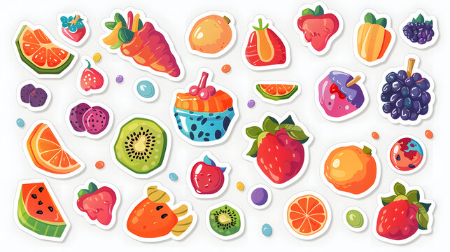 A collection of fruit stickers, including apples, oranges, and strawberries. The stickers are colorful and playful, with some featuring cartoon characters. The scene is cheerful and fun