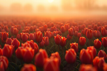 Fototapeta na wymiar Beautiful tulip field in a foggy morning during the sunrise