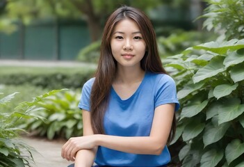 Charming Asian Woman on Park Bench