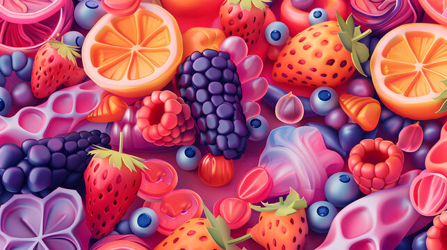 A colorful fruit display with strawberries blueberries raspberries and oranges. The image is vibrant and playful, with a focus on the bright colors of the fruits
