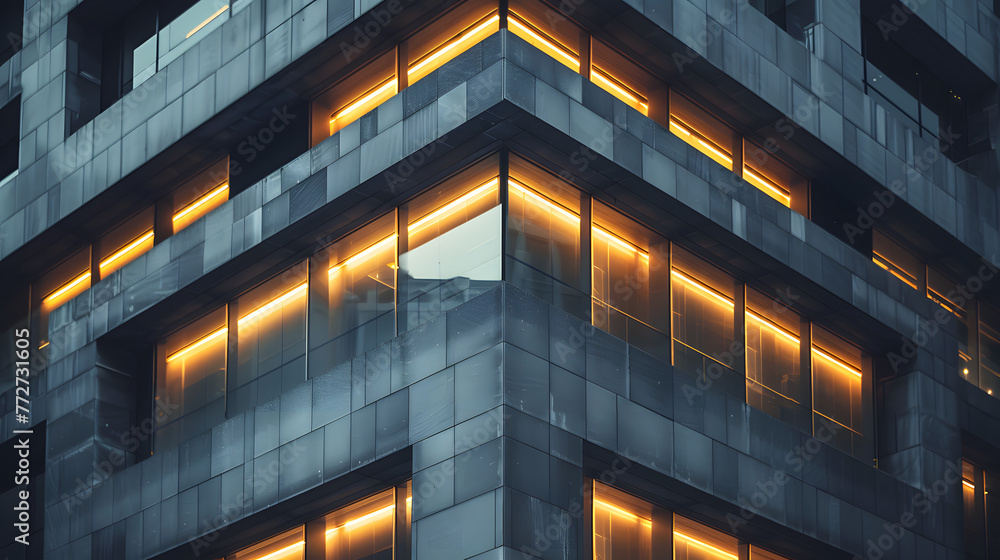 Poster a building with a lot of windows and a lot of light coming in. the light is orange and it gives the 