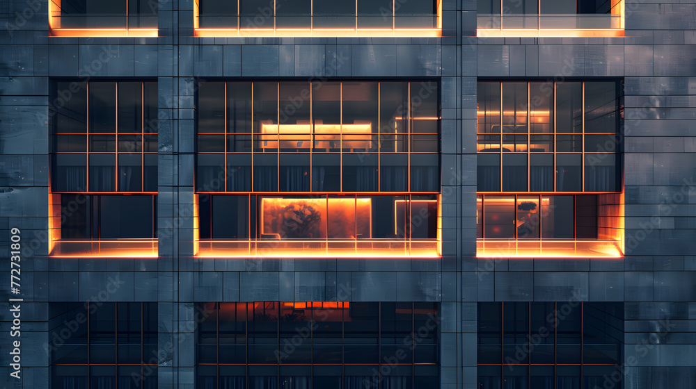 Aufkleber a building with a lot of windows and a lot of light coming in. the light is orange and it gives the 