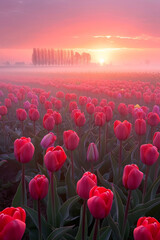 Fototapeta premium Beautiful tulip field in a foggy morning during the sunrise