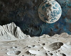 Lunar surface, 3D paper art, space travel scene, textured craters, Earth rise backdrop