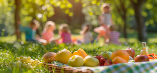A basket of assorted fruits on a bright, manicured green field against a background of blurry playing children. 