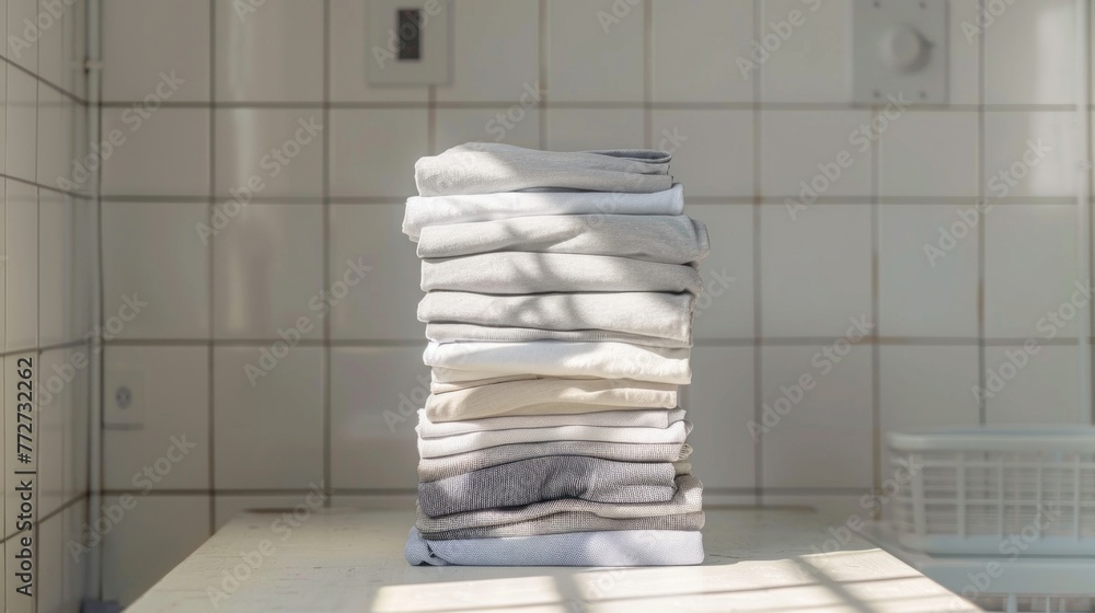 Poster a stack of neatly folded towels in a bathroom setting, ready for use