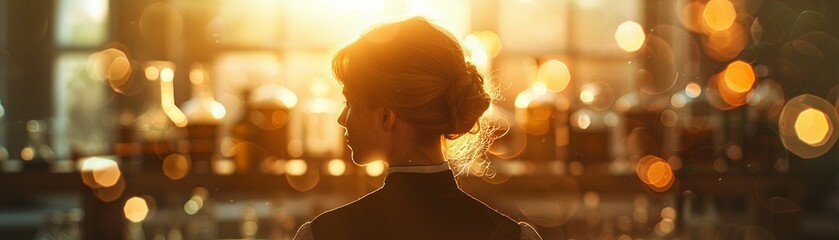 Marie Curie, Nobel Prize winner, first woman physicist, pioneer in radioactivity, in her laboratory, realistic, golden hour, depth of field bokeh effect