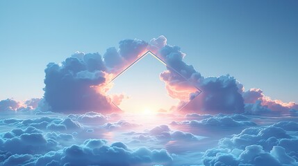 Digital Clean background, clouds, a regular hexagon frame standing inside the clouds, minimalist