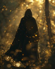 Mysterious Wanderer, Tattered Cloak, Lost in a world of shadows, Facing a crossroads, Ethereal Photography, Silhouette Lighting, Depth of Field Bokeh Effect - obrazy, fototapety, plakaty