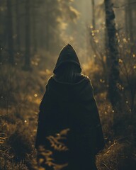 Mysterious Wanderer, Tattered Cloak, Lost in a world of shadows, Facing a crossroads, Ethereal Photography, Silhouette Lighting, Depth of Field Bokeh Effect - obrazy, fototapety, plakaty