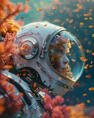 Robot, metallic shell, exploring a vibrant coral reef, at sunset, realistic image, golden hour, depth of field bokeh effect