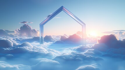 Digital Clean background, clouds, a regular hexagon frame standing inside the clouds, minimalist