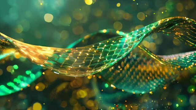 Against a glimmering, bokeh background, a python snake glows in vivid green. The intricate pattern of its scales and sinuous form are beautiful. Exudes a mysterious and exotic atmosphere. 