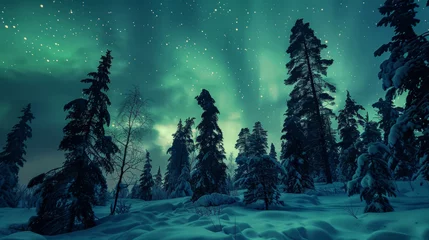 Gordijnen The surreal scene of the snowcovered trees and landscape silhouetted against the bright and everchanging hues of the Aurora Borealis. . . © Justlight