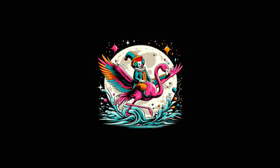 clown riding flamingo flying on moon vector artwork design