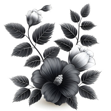 A black and white flower with white petals. The flower is surrounded by leaves and has a stem. The image has a serene and calming mood