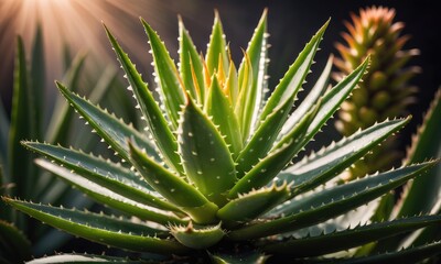 Naklejka na ściany i meble A compelling portrait capturing the radiant beauty and natural glow of an Aloe Vera plant