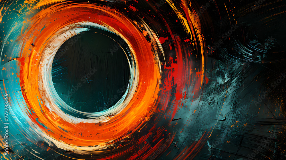 Poster a colorful abstract painting of a circle with a black background. the circle is surrounded by splatt