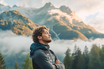caucasian man enjoying the fresh morning air on the mountain, calming refreshing - obrazy, fototapety, plakaty