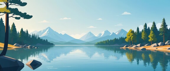A serene lake encircled by rocks and trees, framed by majestic mountains in the distance  - obrazy, fototapety, plakaty
