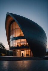 A structure featuring a gracefully curved roof against the backdrop of the evening sky, with a person strolling in front, creating a serene and urban atmosphere