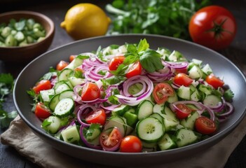 Afghan salad typically made with diced tomatoes, cucumbers, red onions, and fresh herbs, dressed with lemon juice or vinegar