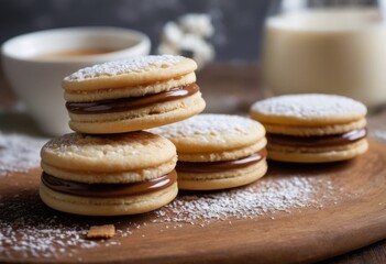 Alfajores Sandwich cookies made with two shortbread-like cookies filled with dulce de leche, often coated in chocolate, coconut, or powdered sugar