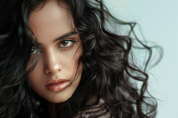 Naklejka premium Beauty portrait of a young Indian woman with curly hair isolated from a white copyspace background