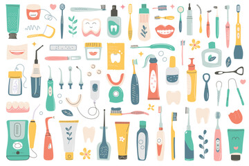 Dental care collection, toothpaste, toothbrushes icons, vector illustrations of oral hygiene products, mouthwash, irrigator, floss doodles, healthy and clean teeth set, teeth whitening kit