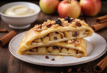 Apfelstrudel A classic German dessert made with thin layers of pastry dough filled with spiced apples, raisins, and cinnamon, served warm with vanilla sauce