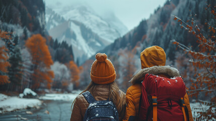 Two people are standing in the snow, one wearing a yellow hat and the other wearing a red jacket. They are looking out at a beautiful mountain range - Powered by Adobe