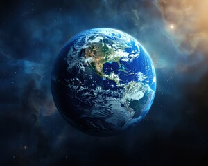 Blue Earth, sunlit, cosmic background, close view, bright continent outlines, ample empty space