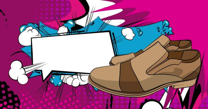 Cartoon Elegant Shoes with blank speech bubble, comic book Leather Footwear video. Retro comics pop art animation.
