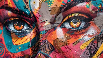 Obraz premium A closeup of a vibrant multilayered street art piece featuring a womans face with expressive eyes and intricate patterns.