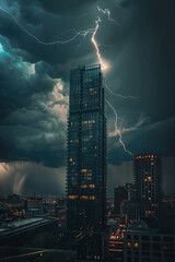 Aerial view of a lightning strike on a skyscraper