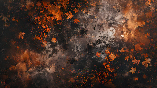 A black and orange background with leaves scattered around. The leaves are of different sizes and colors, and they are scattered all over the background