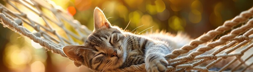 Satisfied cat, afternoon nap, hammock backdrop, close perspective, soft summer light, serene