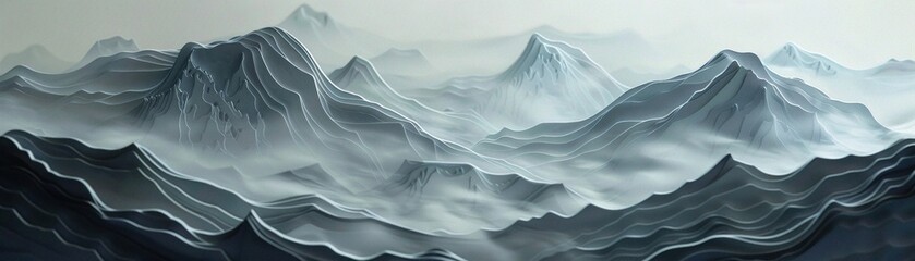 Mountains under PM25, 3D paper art, close framing, subtle layers, heavy air effect, detailed peaks