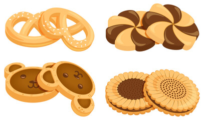 Various Shaped Cookies Set: Pretzel, Teddybear, Flower & Chocolate Sandwich  - obrazy, fototapety, plakaty