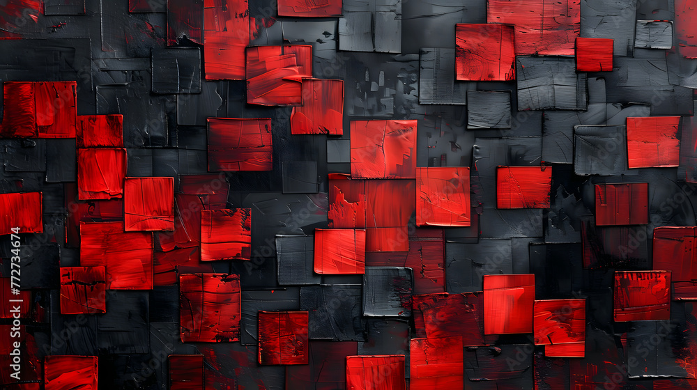 Poster a black and red abstract painting with red squares. the squares are arranged in a way that creates a