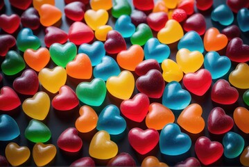 Fototapeta na wymiar multi colors heart shaped sweet jelly candies background