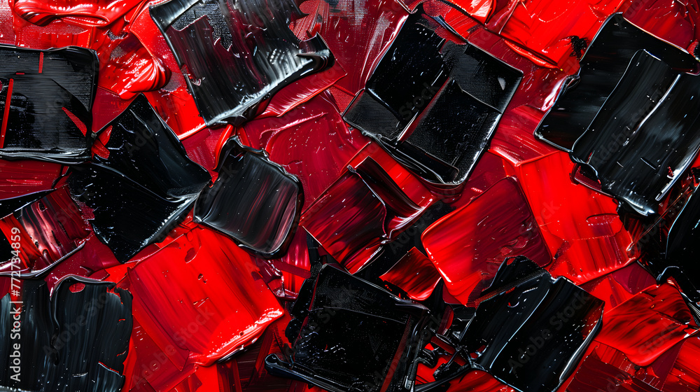 Aufkleber a painting of red and black squares with a black and red background. the squares are all different s