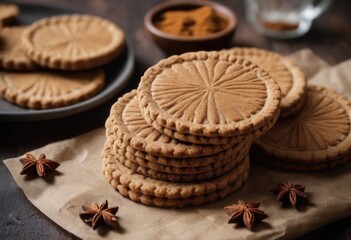 Speculoos Spiced shortcrust biscuits often flavored with cinnamon, nutmeg, and cloves, typically enjoyed with coffee or as a cookie butter spread