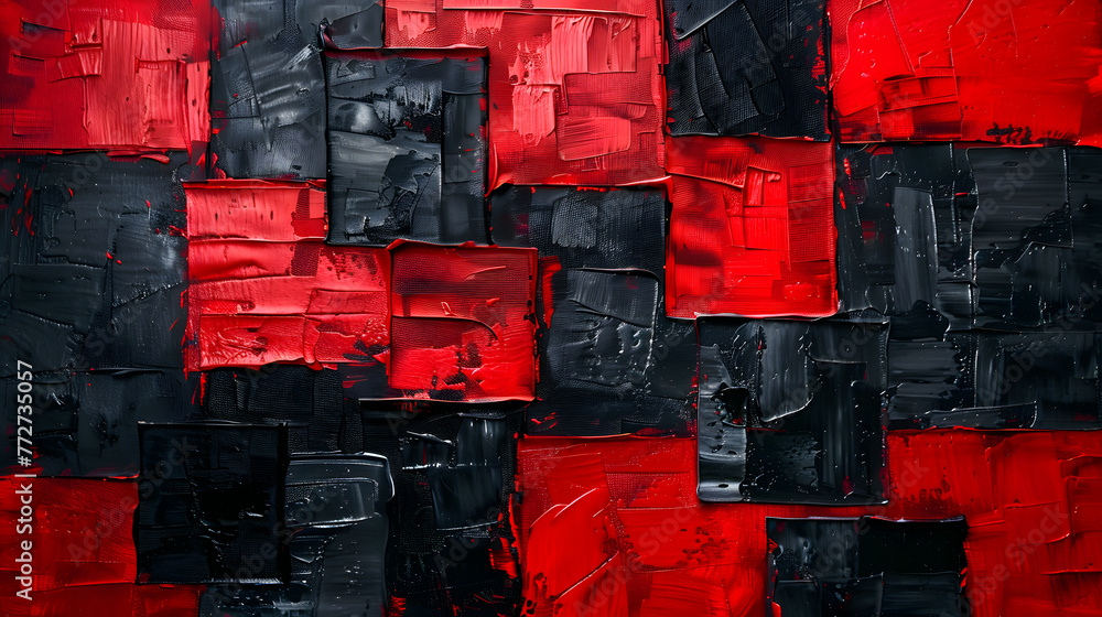 Poster a painting of red and black squares with a black and red background. the squares are all different s