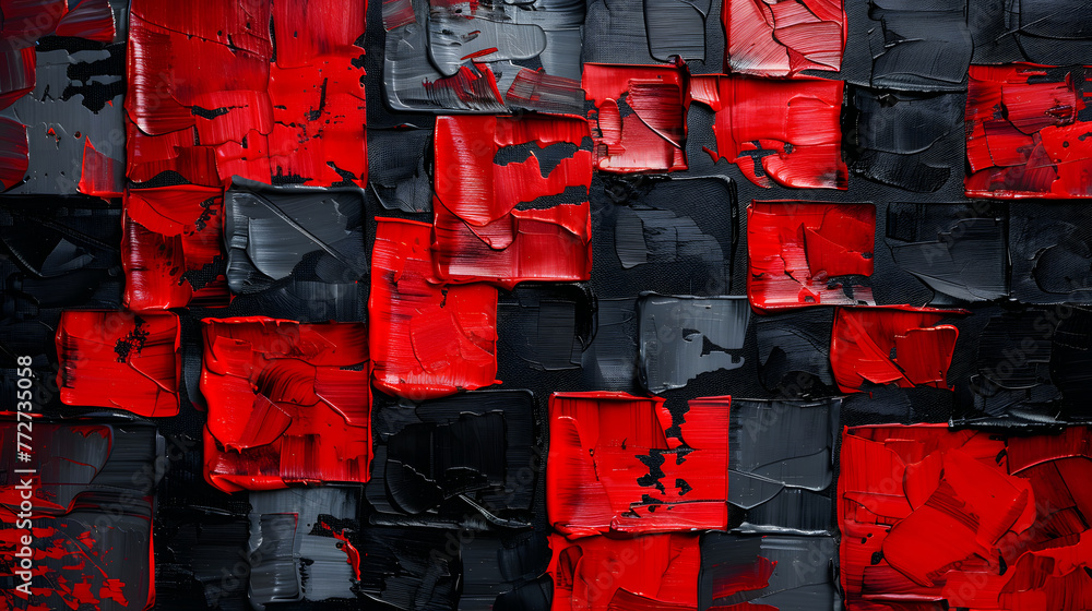 Poster a painting of red and black squares with a black and red background. the squares are all different s