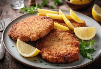 Thin, breaded and fried cutlets of meat, typically made with pork (Schweineschnitzel) or veal (Wiener Schnitzel), served with lemon wedges - obrazy, fototapety, plakaty